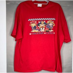 VTG Hanes Country Cats Shirt Womens XL Red Cottagecore 90's Grandmacore‎ Cotton